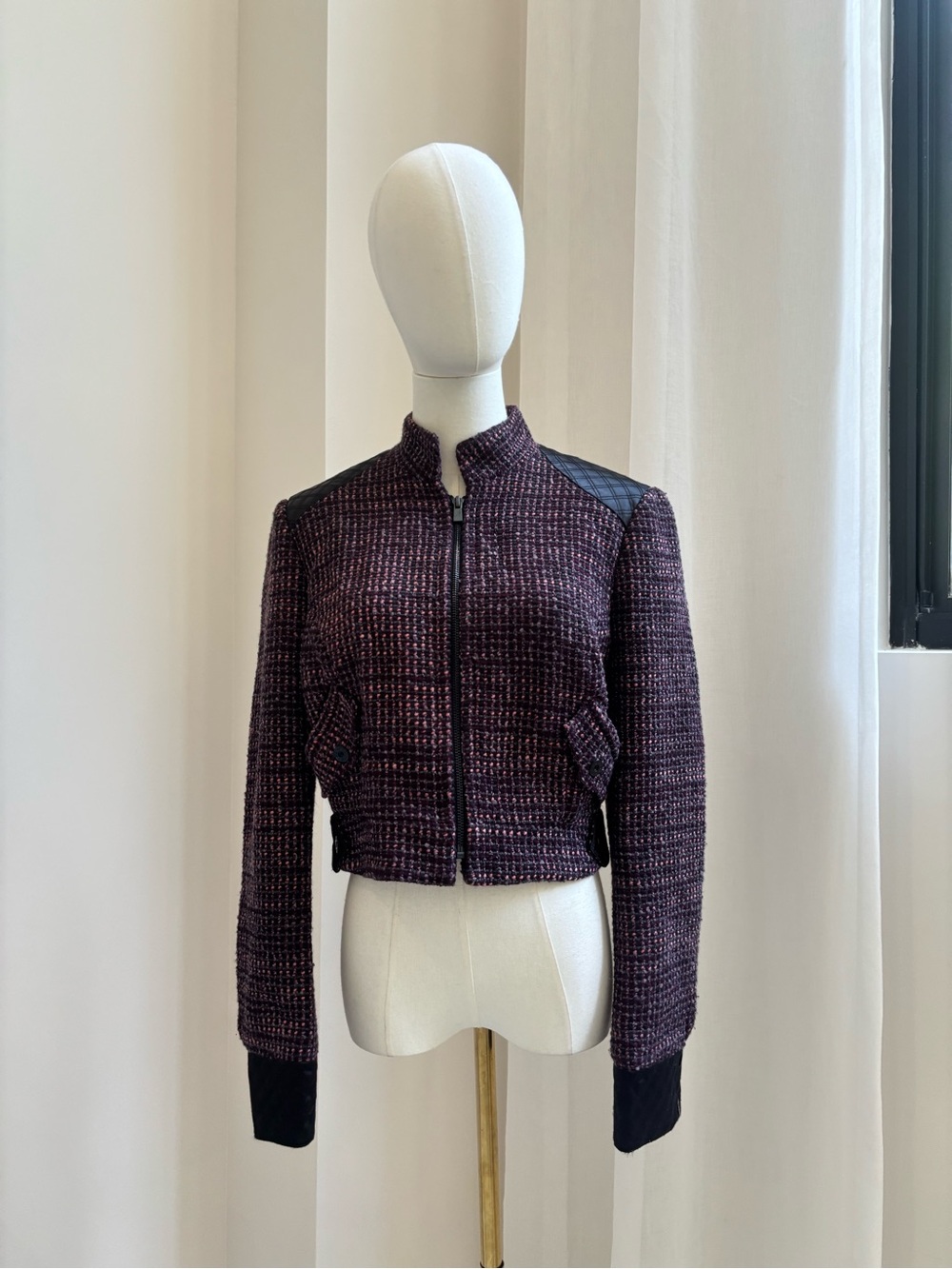 bebe Plum Tweed Zip-Front Cropped Jacket with Black Accents